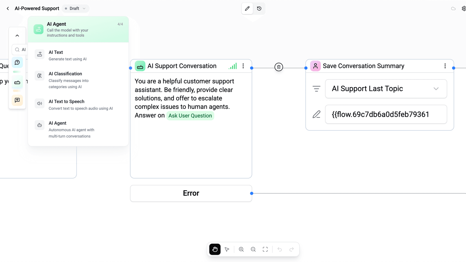 Adding an AI step in the Wexio no-code builder: AI Agent, AI Text and AI Classification cards, with an AI support assistant set to escalate complex issues to human agents