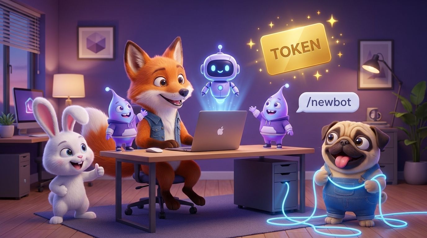 Creating a Telegram bot with BotFather: send the newbot command and you get a free API token for your new assistant