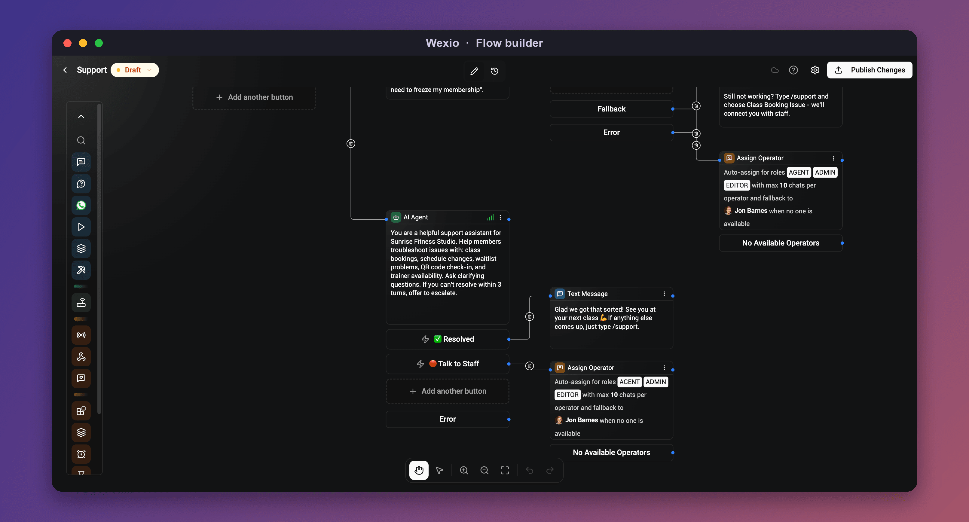 The Wexio flow builder, where the AI chatbot's logic and handoffs are built without code