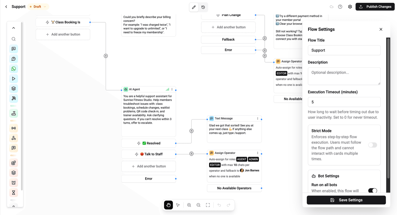 Wexio no-code flow builder: drag-and-drop cards for a support bot with an AI Agent node, plus Talk to Staff and Assign Operator steps that hand the chat to a human