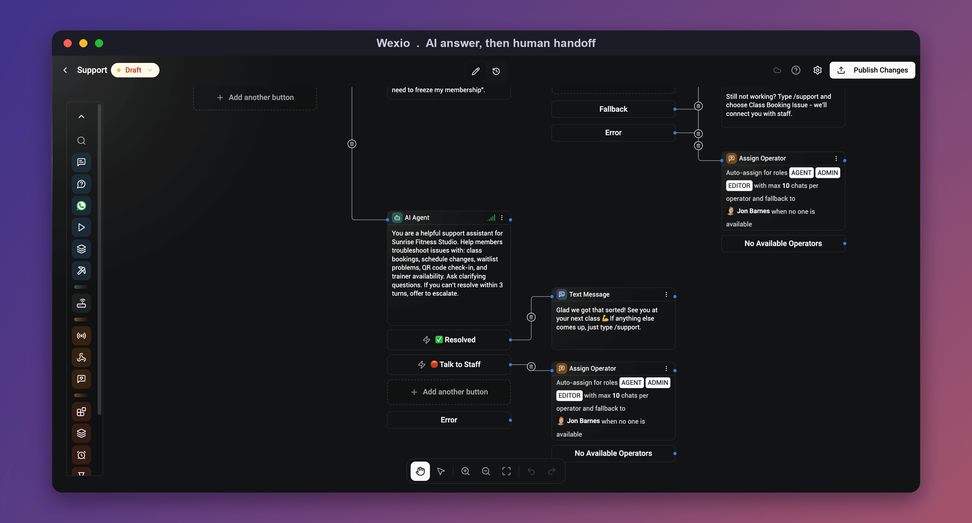 The Wexio no-code flow where the AI answers first and hands off to a human operator with the full conversation context