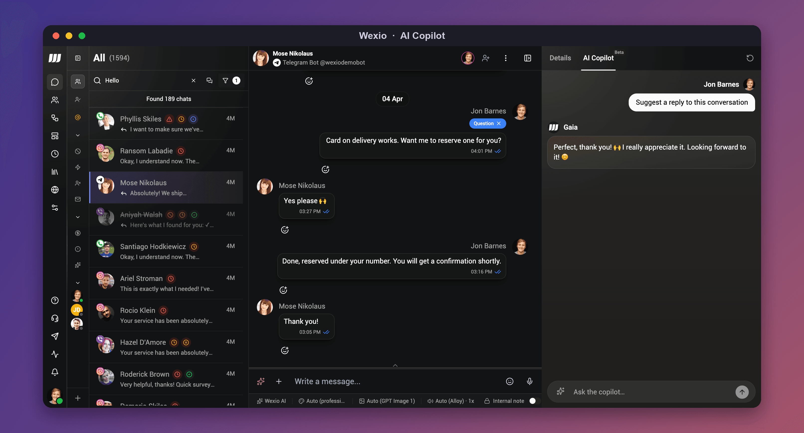 The Wexio inbox showing an AI-answered conversation with the full customer profile alongside