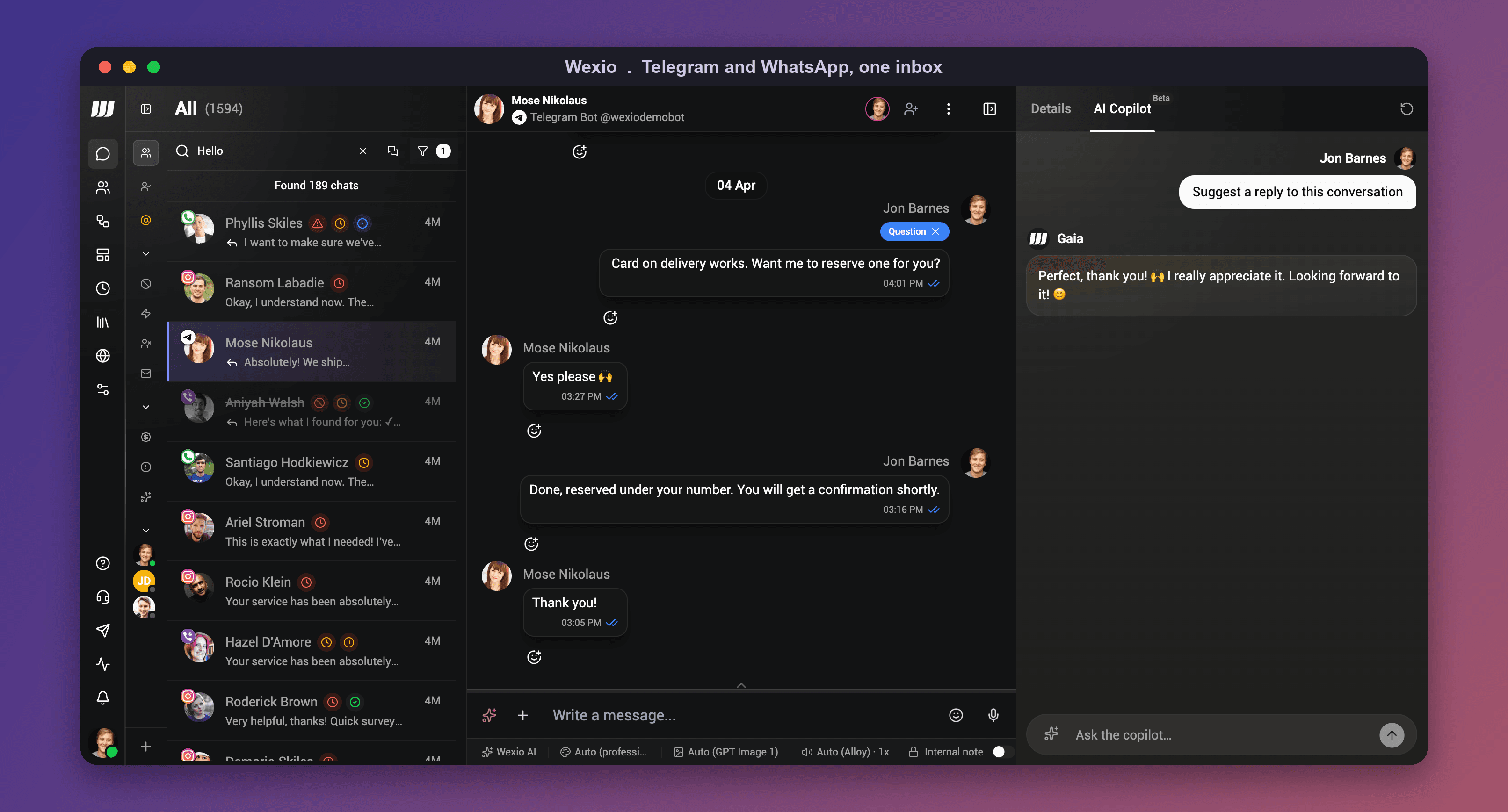 The Wexio inbox with Telegram and WhatsApp conversations side by side in one place