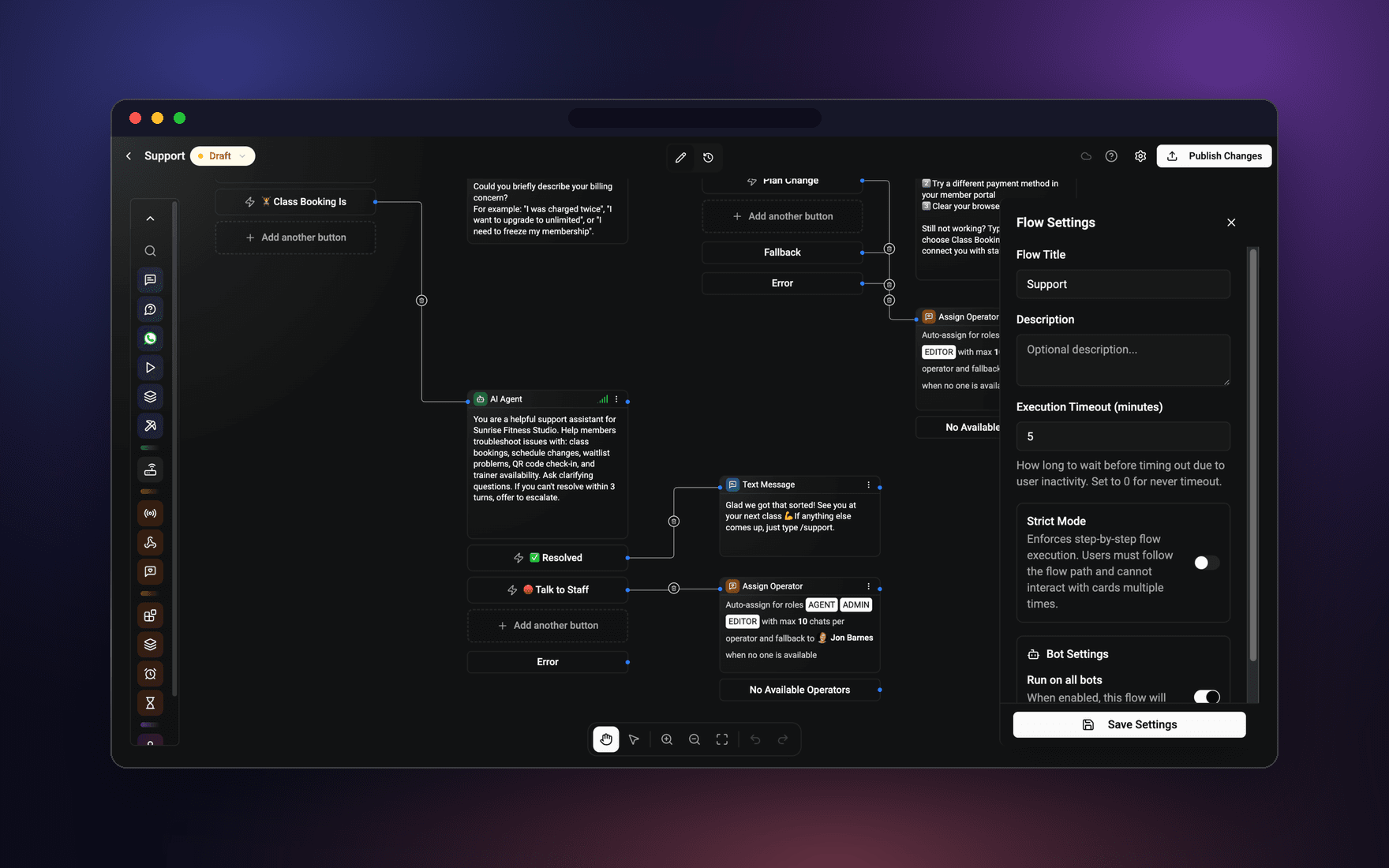 Wexio's visual flow builder, with an AI Agent node you can point at your own model key