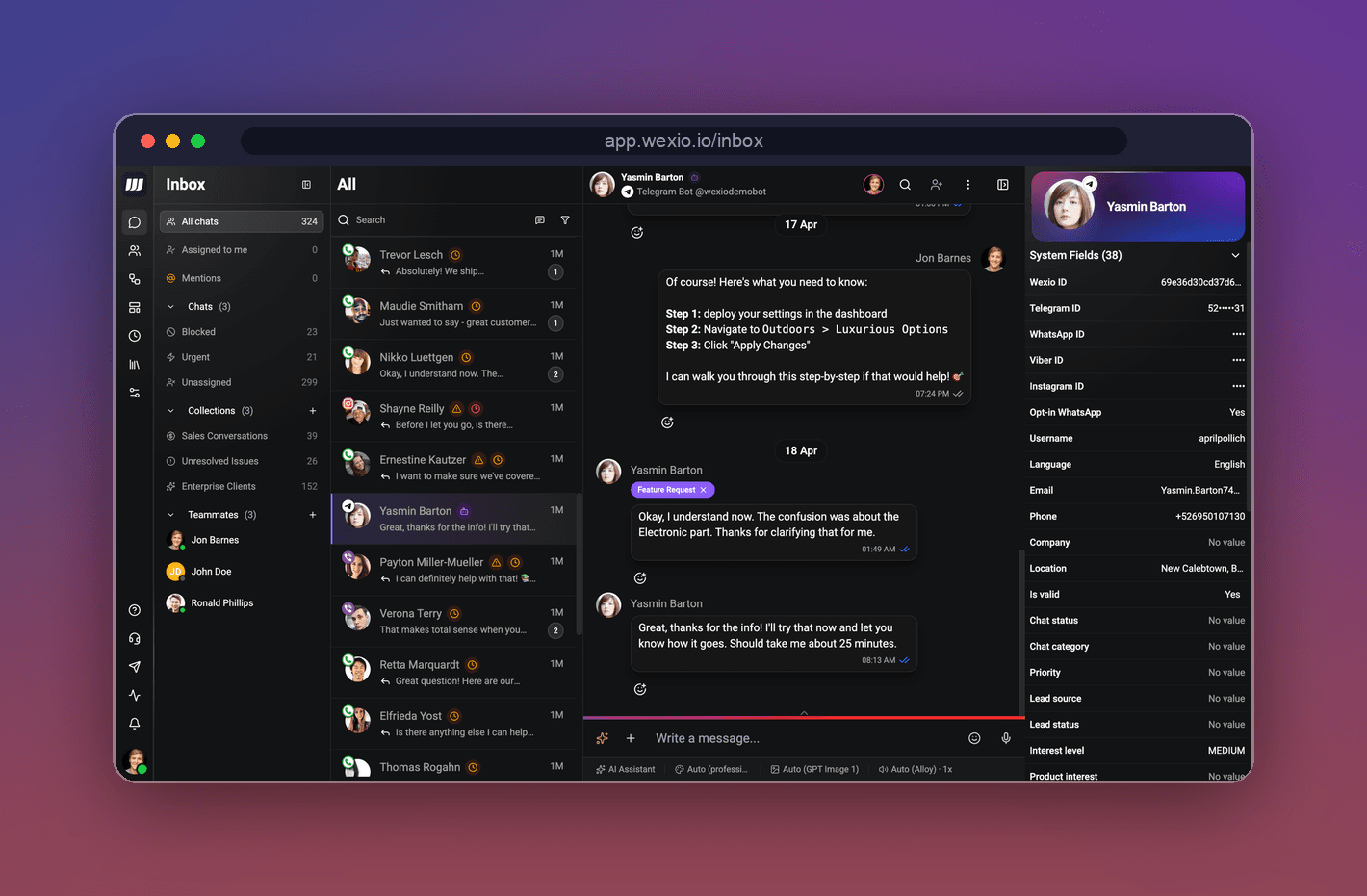 Wexio unified inbox: one thread per customer with the AI assistant answering a Telegram conversation and enriching the contact profile