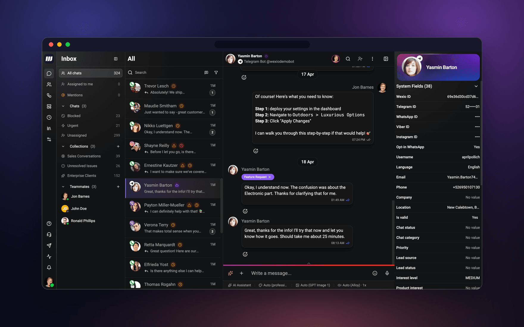 Wexio's unified inbox, one thread per customer across channels