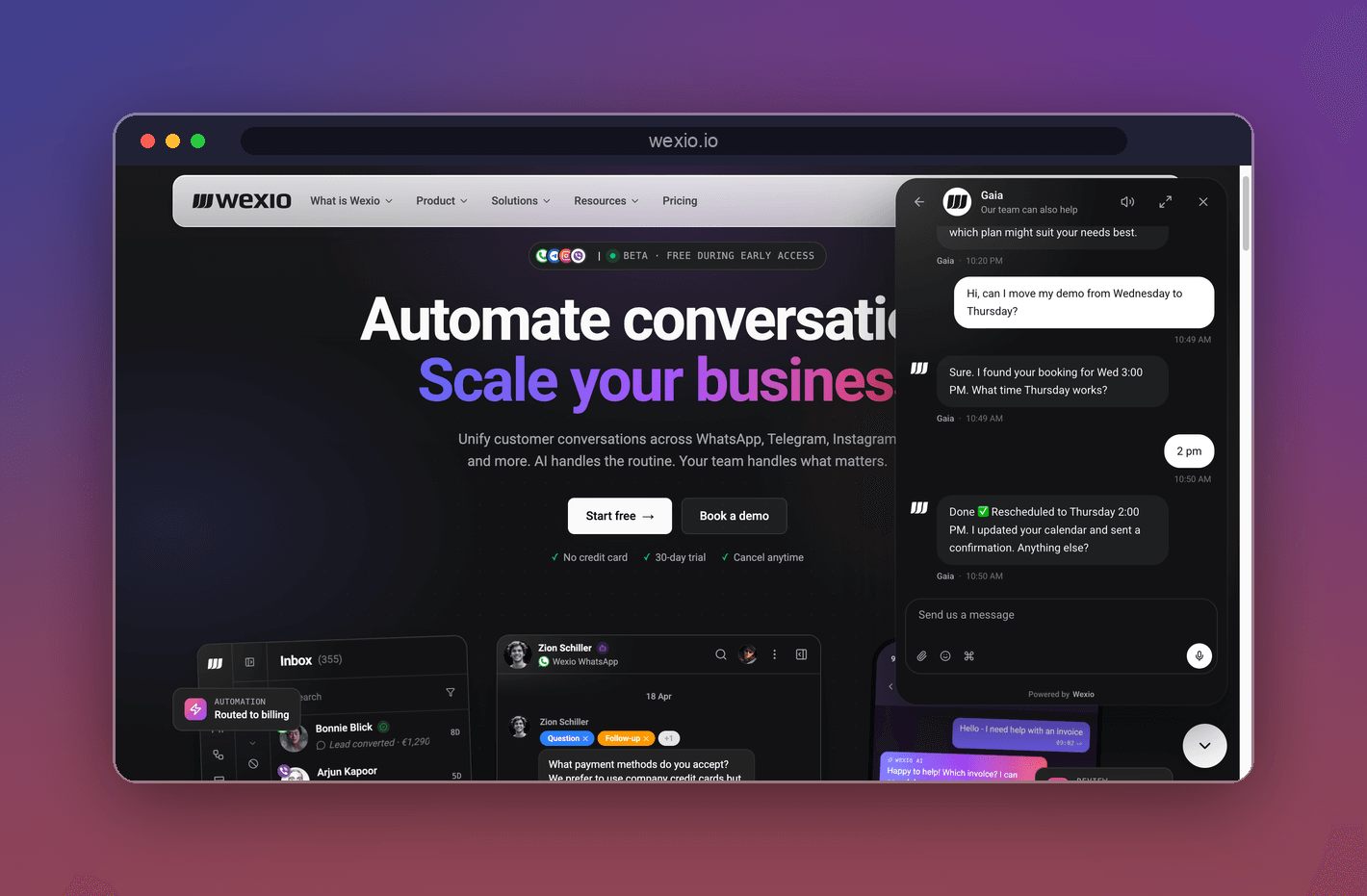 Wexio's AI assistant on the web widget rescheduling a customer's demo and updating their calendar automatically
