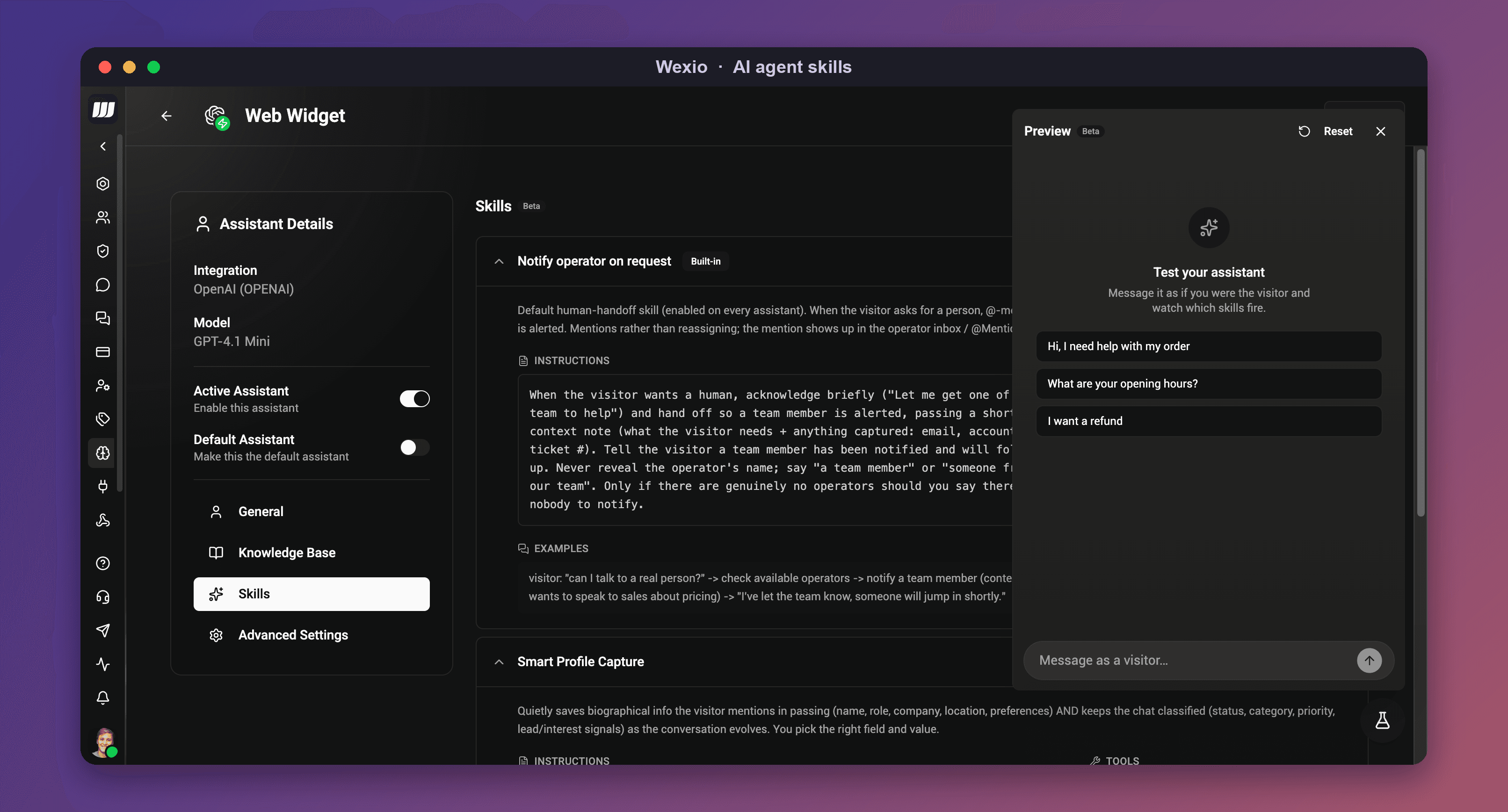 The Wexio AI agent skills panel, showing a human-handoff skill and a profile-capture skill you can configure