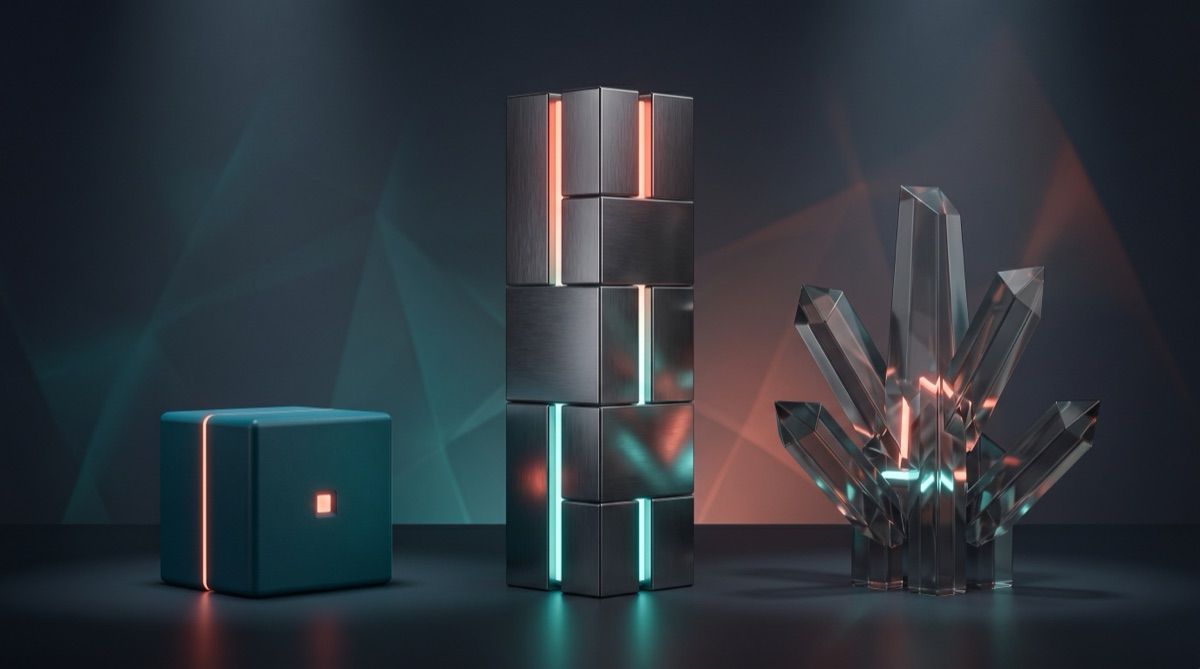 Three abstract product archetypes side by side at different heights - small matte cube for Tidio, tall stacked column for Intercom, multi-pronged geometric structure for Wexio - representing distinct team-size sweet spots