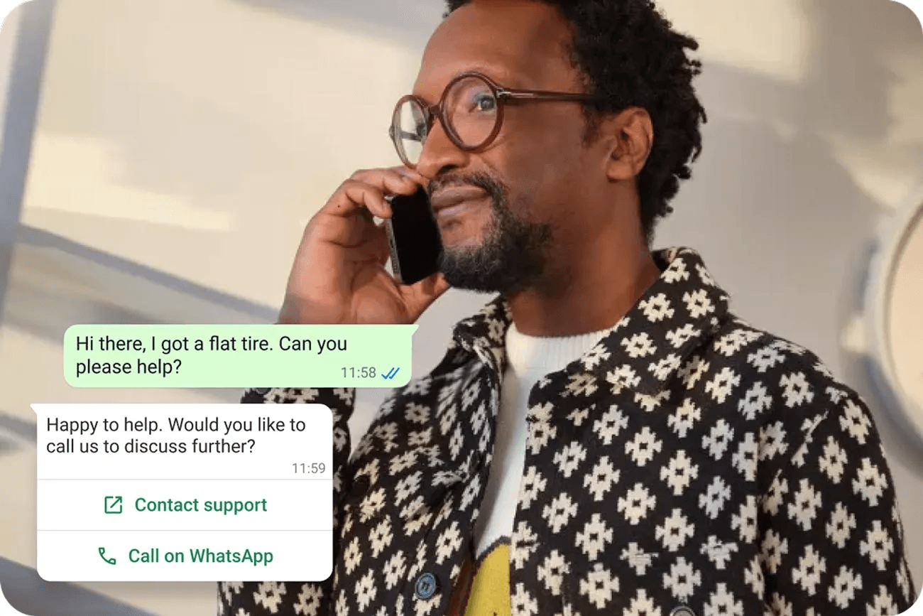 A WhatsApp voice call handled by a business, with the transcript flowing into the same thread