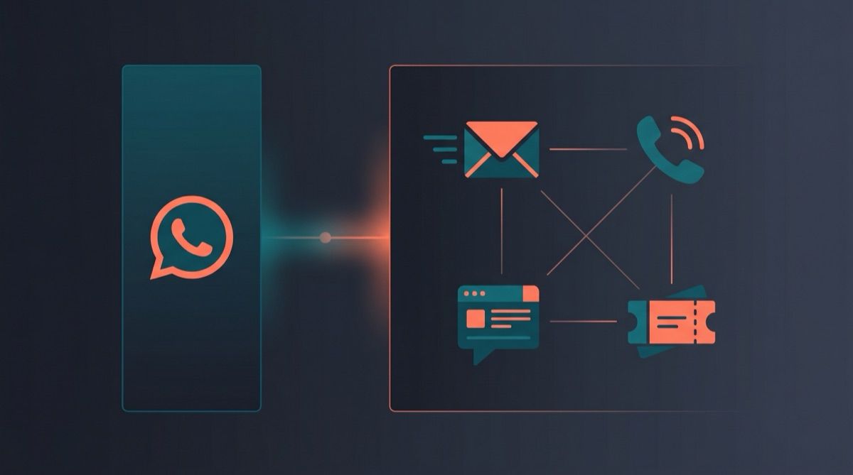 Side-by-side concept: single narrow column with one chat bubble icon representing WhatsApp-only platforms vs four interconnected channel icons forming a constellation representing multi-channel setups, with a subtle teal-coral migration arrow between them