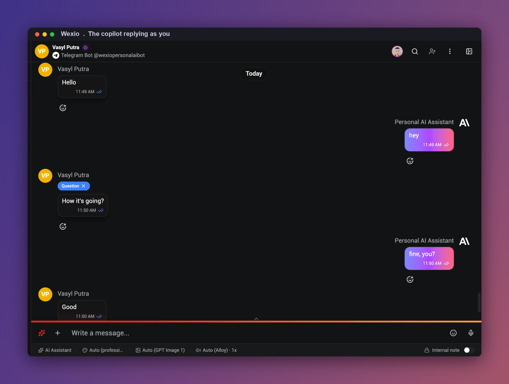 Wexio inbox showing the Personal AI Assistant replying hey and fine you as the user inside a Telegram chat via the wexiopersonalaibot